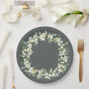 Plato De Papel Elegante Boda de guirnalda verde de nieve + eucali