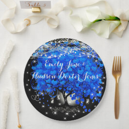 Plato De Papel Elegante Boda de hojas de corazón azul