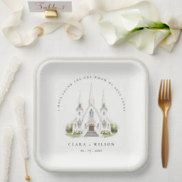 Plato De Papel Elegante Boda de Iglesia Católica de Acuarela