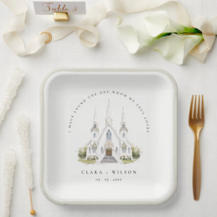 Plato De Papel Elegante Boda de Iglesia Católica de Acuarela
