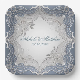 Plato De Papel Elegante Boda De Lace En Gradiente Azul