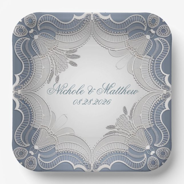 Plato De Papel Elegante Boda De Lace En Gradiente Azul (Anverso)