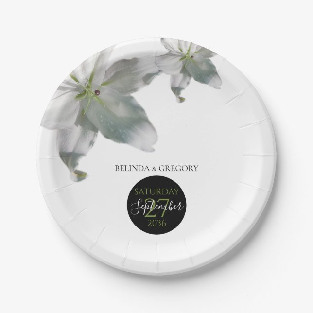 Plato De Papel Elegante Boda de Lilies Blancos (Anverso)