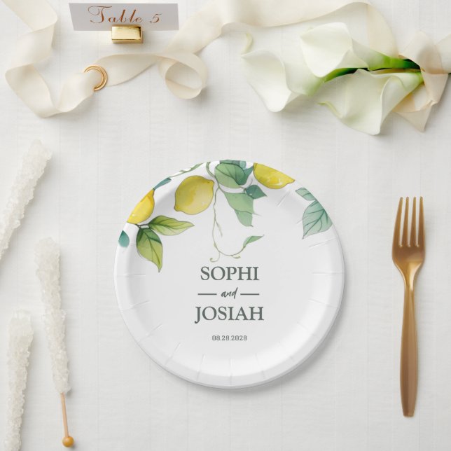 Plato De Papel Elegante boda de limón amarillo floral (Boda)