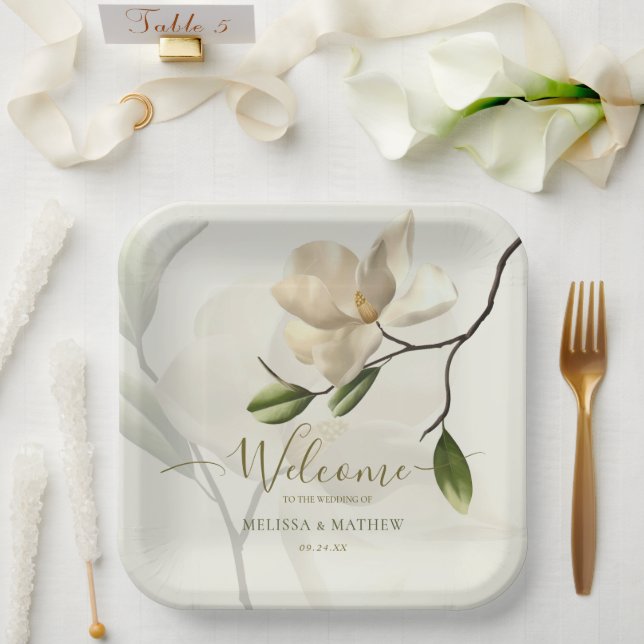 Plato De Papel Elegante Boda de Magnolia Blanca Oriental (Boda)