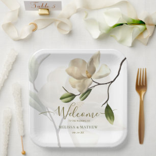 Plato De Papel Elegante Boda de Magnolia Blanca Oriental