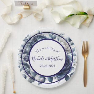 Plato De Papel Elegante Boda de manicura azul de la marina y rosa