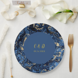 Plato De Papel Elegante Boda De Mármol Azul Y Oro