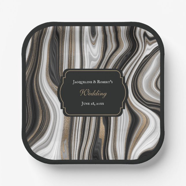 Plato De Papel Elegante Boda de Mármol Negro y Oro (Anverso)
