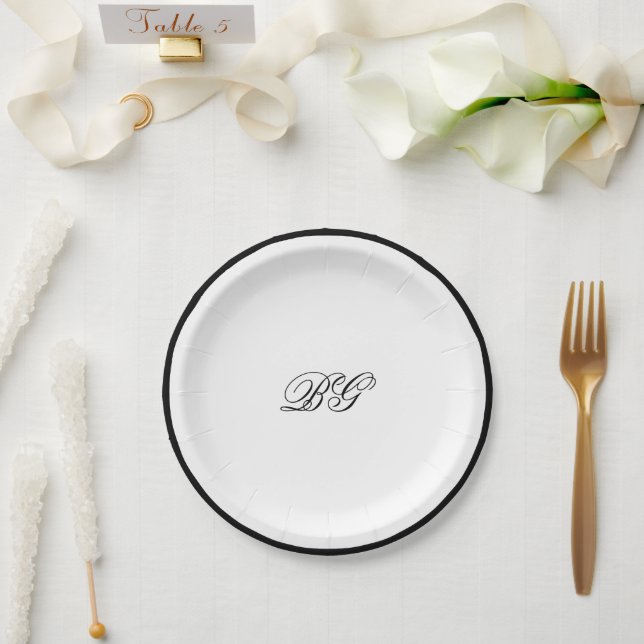 Plato De Papel Elegante Boda de Monograma Blanco Negro Minimalist (Boda)