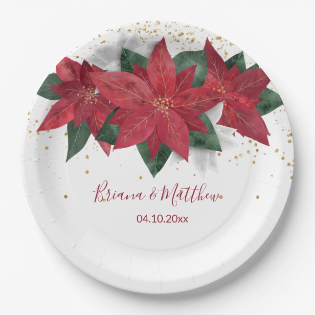 Plato De Papel Elegante Boda de Navidades Rojos de Poinsettia (Anverso)