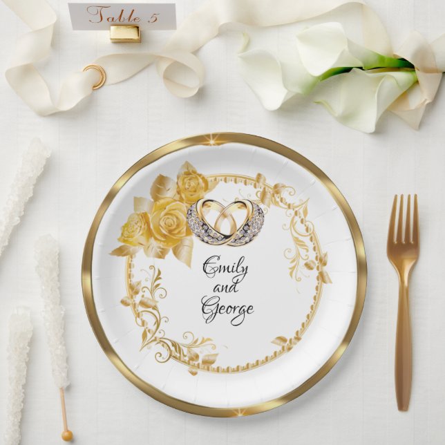Plato De Papel Elegante Boda de oro personalizado (Boda)