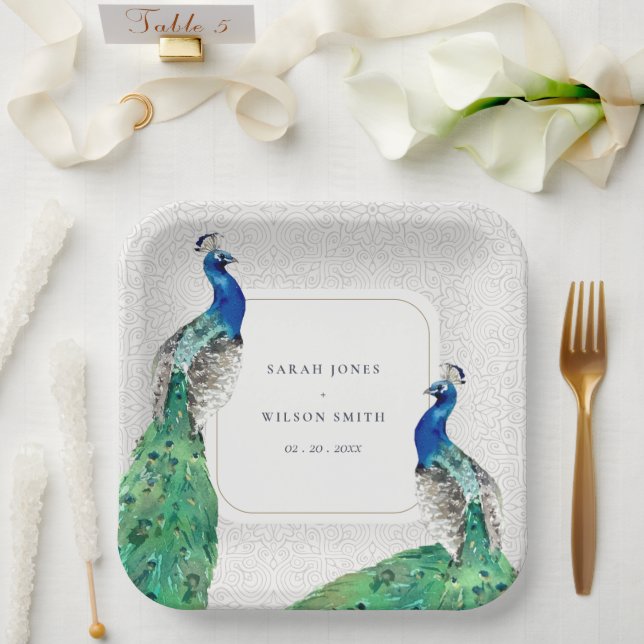 Plato De Papel Elegante Boda de pavo real ornato elegante (Boda)