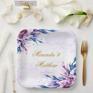 Plato De Papel Elegante Boda de Peones Botánicos Morados y Oro