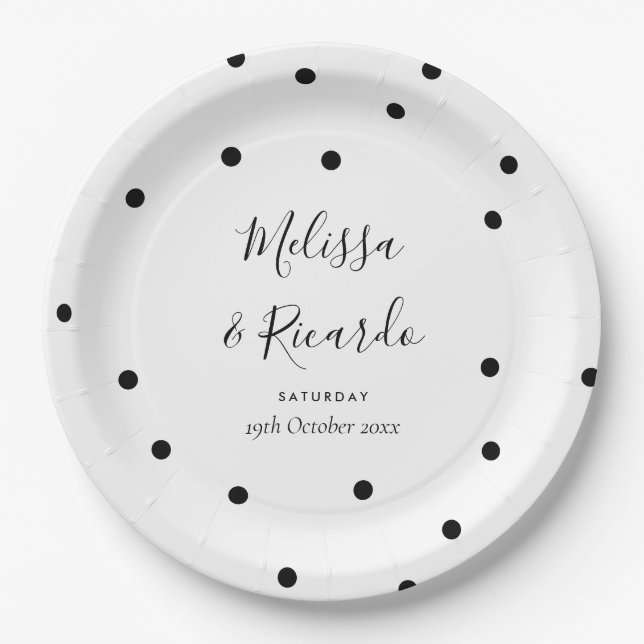 Plato De Papel Elegante Boda de puntos de polka blanco y negro (Anverso)