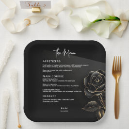 Plato De Papel Elegante Boda de Rosa Negra y Dorada