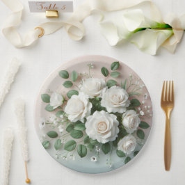 Plato De Papel Elegante Boda de rosas blancas