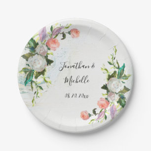 Plato De Papel Elegante Boda de Rosas de pintura al óleo blanco y