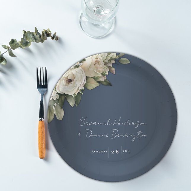 Plato De Papel Elegante Boda de Rosas del Dusty Blue Boho (Subido por el creador)