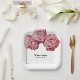 Plato De Papel Elegante Boda de rosas rosadas