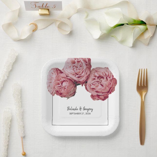 Plato De Papel Elegante Boda de rosas rosadas (Boda)