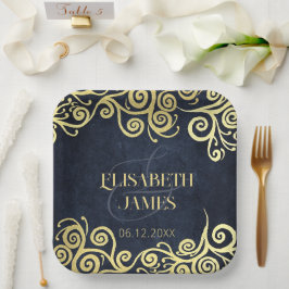 Plato De Papel Elegante Boda de Swift Blue Gold Swirls