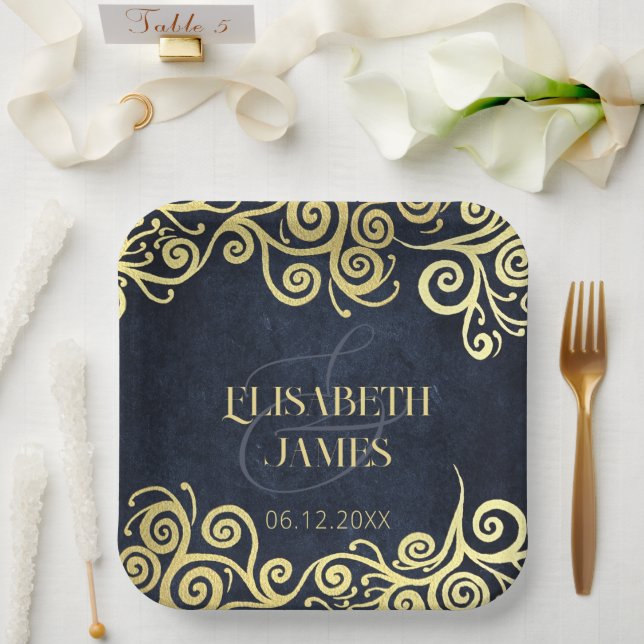 Plato De Papel Elegante Boda de Swift Blue Gold Swirls (Boda)