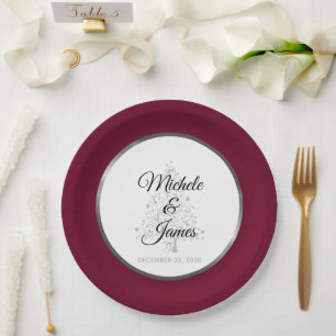 Plato De Papel Elegante Boda de Vacaciones de Invierno Burgundy P