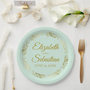 Plato De Papel Elegante Boda de  verde y oro de la Fábrica de la 