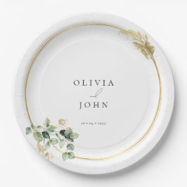 Plato De Papel Elegante Boda del Eucaliptus Verde Oro