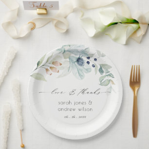 Plato De Papel Elegante Boda del follaje verde azul pastel suave
