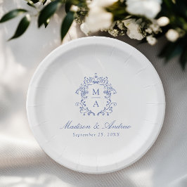 Plato De Papel Elegante Boda del Monograma Chino Azul Escudo