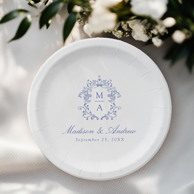Plato De Papel Elegante Boda del Monograma Chino Azul Escudo (Subido por el creador)
