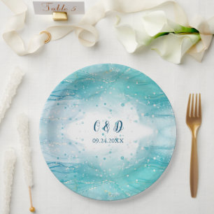 Plato De Papel Elegante Boda del Océano Azul