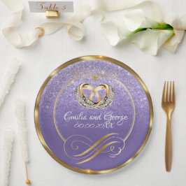 Plato De Papel Elegante Boda dorado niebla morado personalizado