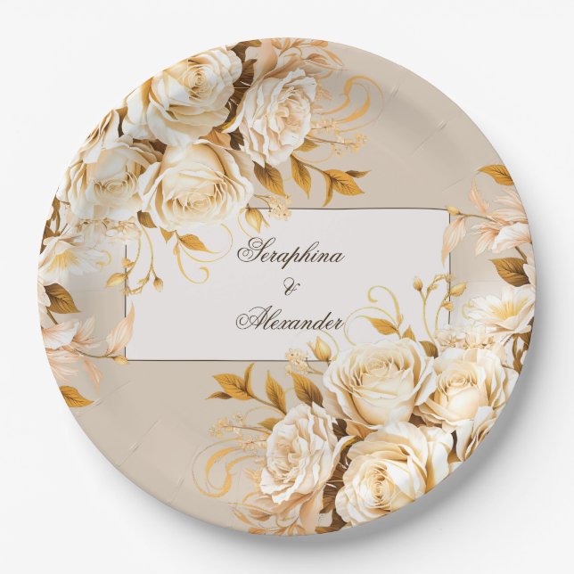 Plato De Papel Elegante Boda dorado y floral de marfil (Anverso)