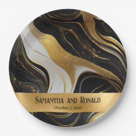 Plato De Papel Elegante Boda Faux Gold, Black and White Marble