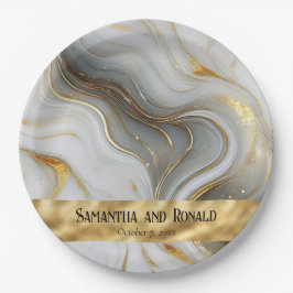 Plato De Papel Elegante Boda Faux Gold, White & Gray Marled