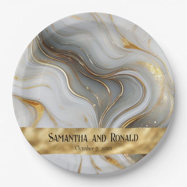 Plato De Papel Elegante Boda Faux Gold, White & Gray Marled (Anverso)