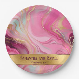 Plato De Papel Elegante Boda Faux Gold y Pink Marble