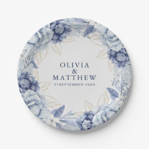 Plato De Papel Elegante Boda Floral Azul Polvo y Azul Claro
