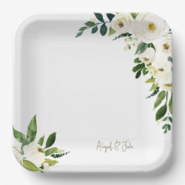 Plato De Papel Elegante Boda floral blanco personalizado
