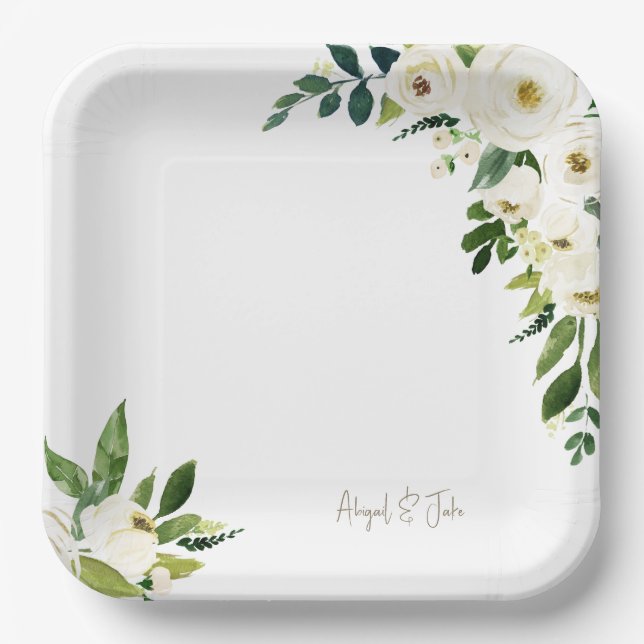 Plato De Papel Elegante Boda floral blanco personalizado (Anverso)