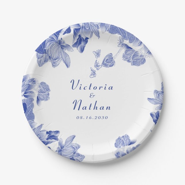 Plato De Papel Elegante Boda Floral de Chinoiserie azul y blanco (Anverso)