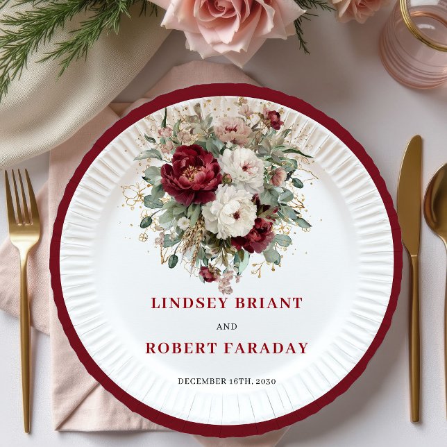 Plato De Papel Elegante boda floral de eucalipto rojo profundo do (Stylish Deep Red Floral Eucalyptus Gold Wedding Plates)