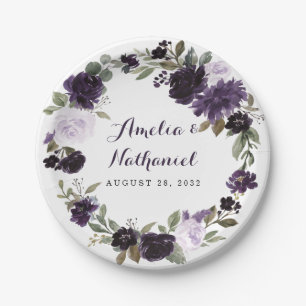 Plato De Papel Elegante Boda Floral de hojas verdes moradas y dor