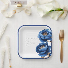 Plato De Papel Elegante Boda floral de oro azul de la marina