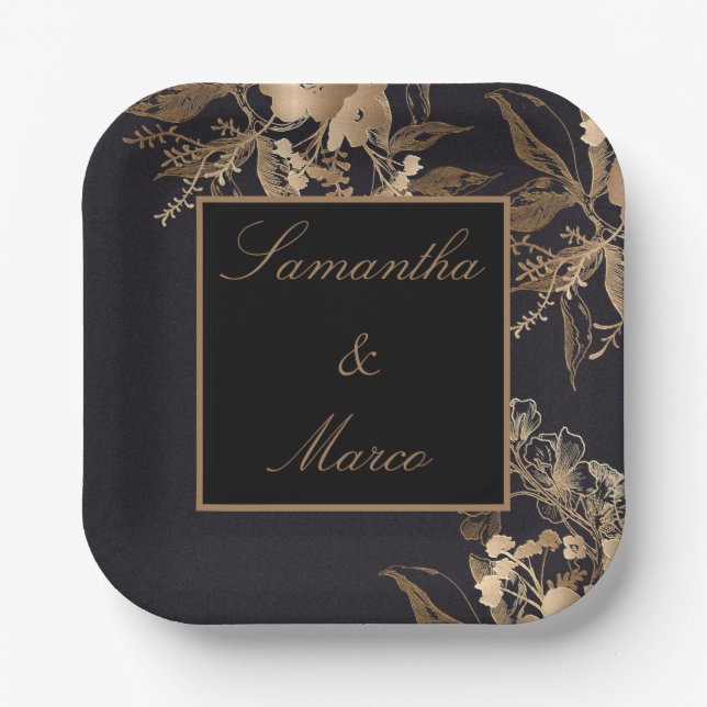 Plato De Papel Elegante Boda Floral de Rosas Metálicos de Oro (Anverso)