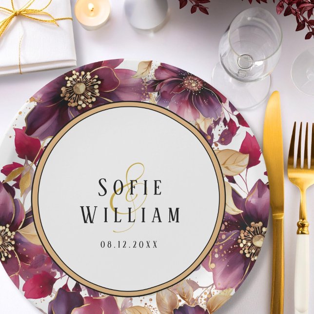 Plato De Papel Elegante Boda Floral Fecha (Subido por el creador)