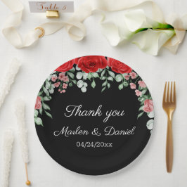 Plato De Papel Elegante Boda Floral Negro Y Rojo